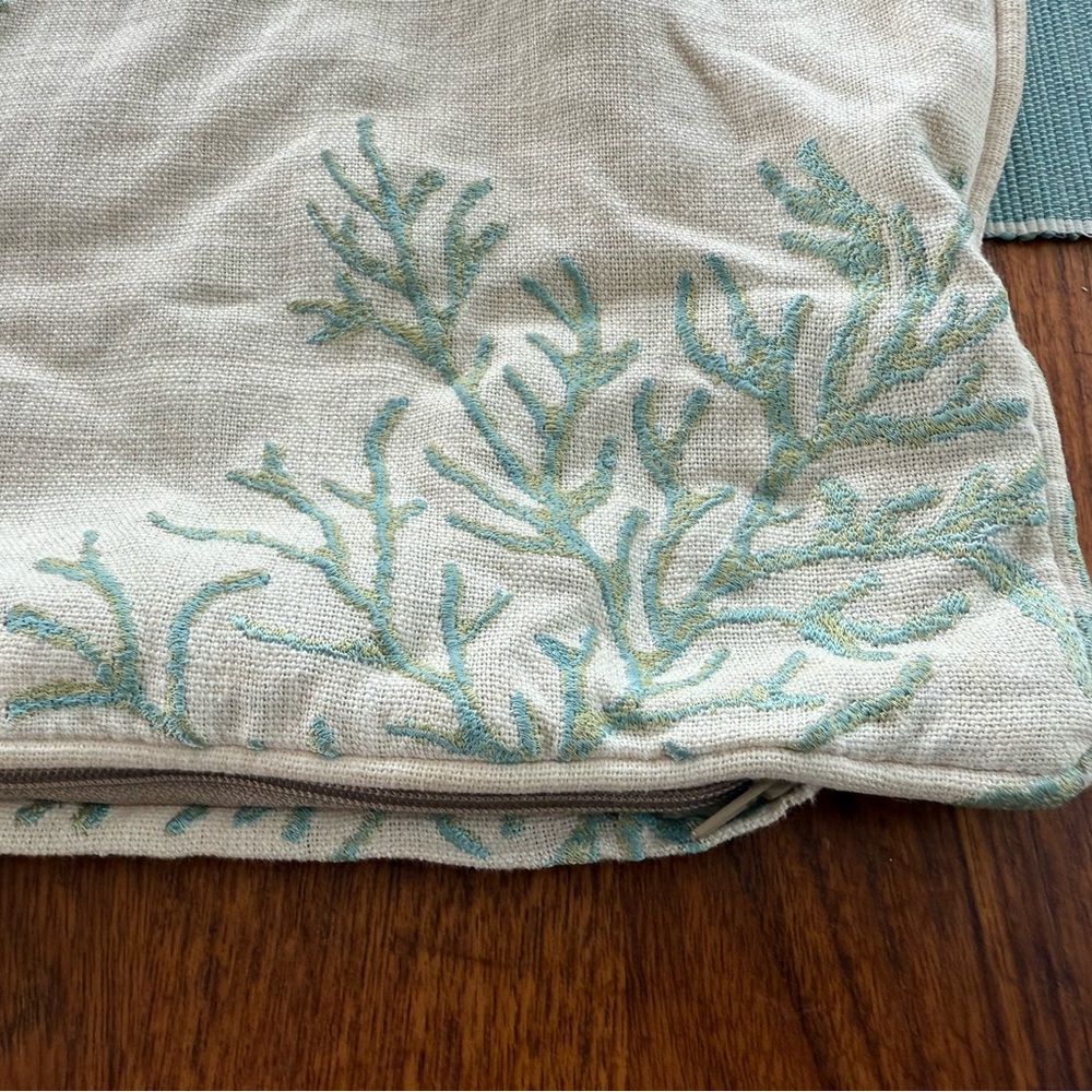 Luxury Embroidered Linen Coral Pillow Cover 22x22 | Coastal Beach Decor - Picture 2 of 3